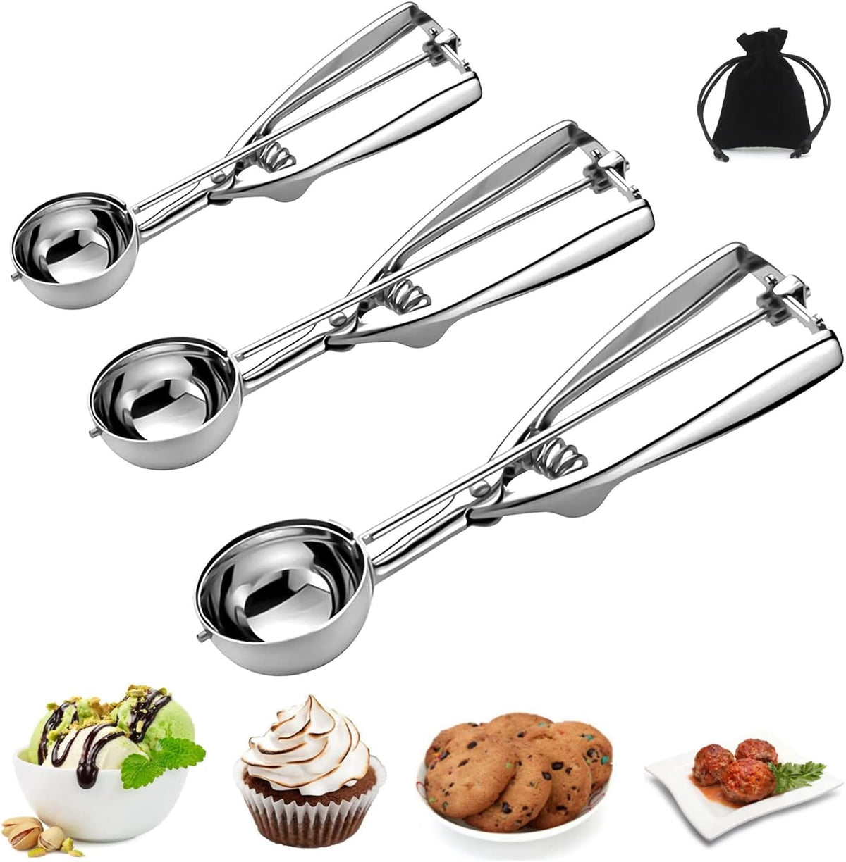 Ice Cream Scoop, 3Pcs Cookie Scoop Set, Stainless Steel Cookie Scoops for Baking Set of 3, Cookie Scooper for Baking, Ice Cream Scooper with Trigger Release, Cookie Dough Scoop