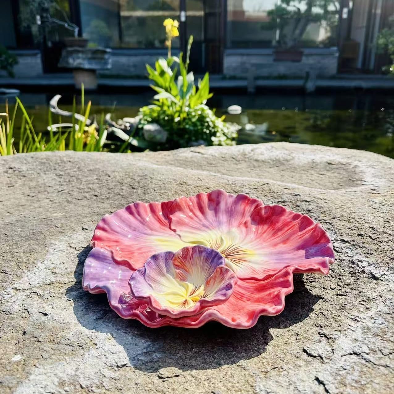 11 Inch Ceramic Chip & Dip Serving Tray | Double Layer Hand-Painted Coral Pansy Plate | Divided Appetizer Platter for Salsa, Veggies & Snacks