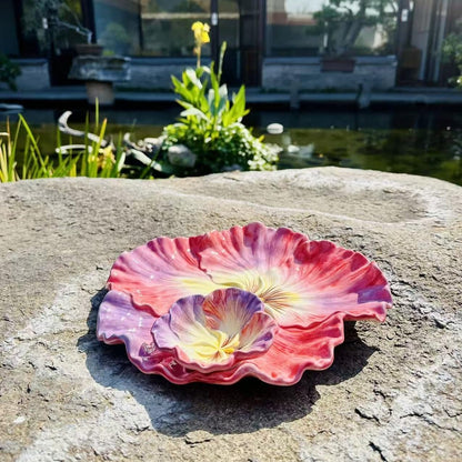 11 Inch Ceramic Chip & Dip Serving Tray | Double Layer Hand-Painted Coral Pansy Plate | Divided Appetizer Platter for Salsa, Veggies & Snacks