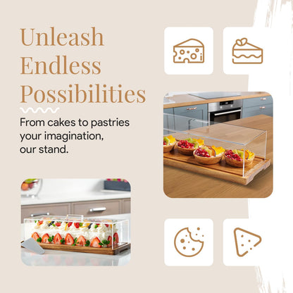 HOMESPHERE Cake Display with Lid – Acacia Wood Dessert Stand & Wooden Charcuterie Board with Lid for Loaf Cakes, Bread, Pastries, Cheese, Large Rectangle Wood Tray Platter & Acrylic Cover, 15 x 6.25”