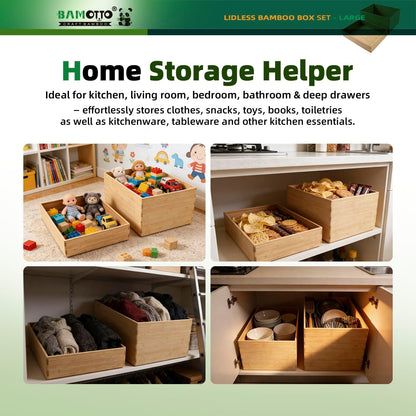 BAMOTTO CRAFTBAMBOO 2-Piece Large Bamboo Storage Box Set - 7.1in High Stackable Deep-Drawer Organizer, Lidless Bin for Kitchen Cutlery Utensils, Home & Office (14.6"x10.2"x7.1"+14.6"x10.2"x3.1")