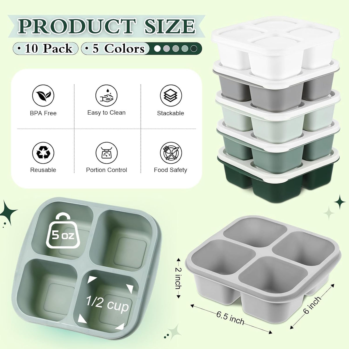 Honeydak 10 Pack Bento Snack Containers 4 Compartment Snack Boxes Reusable Containers with Lids Divided Meal Prep Lunch Food Storage Box for School Work Travel