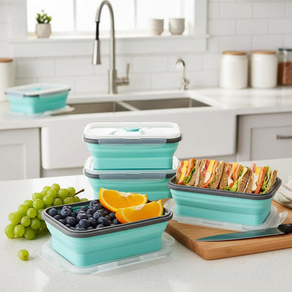 Collapsible Silicone Food Storage Containers Set with Lid & Air Vent,Foldable Lunch Containers(4PCS,Blue,27oz)