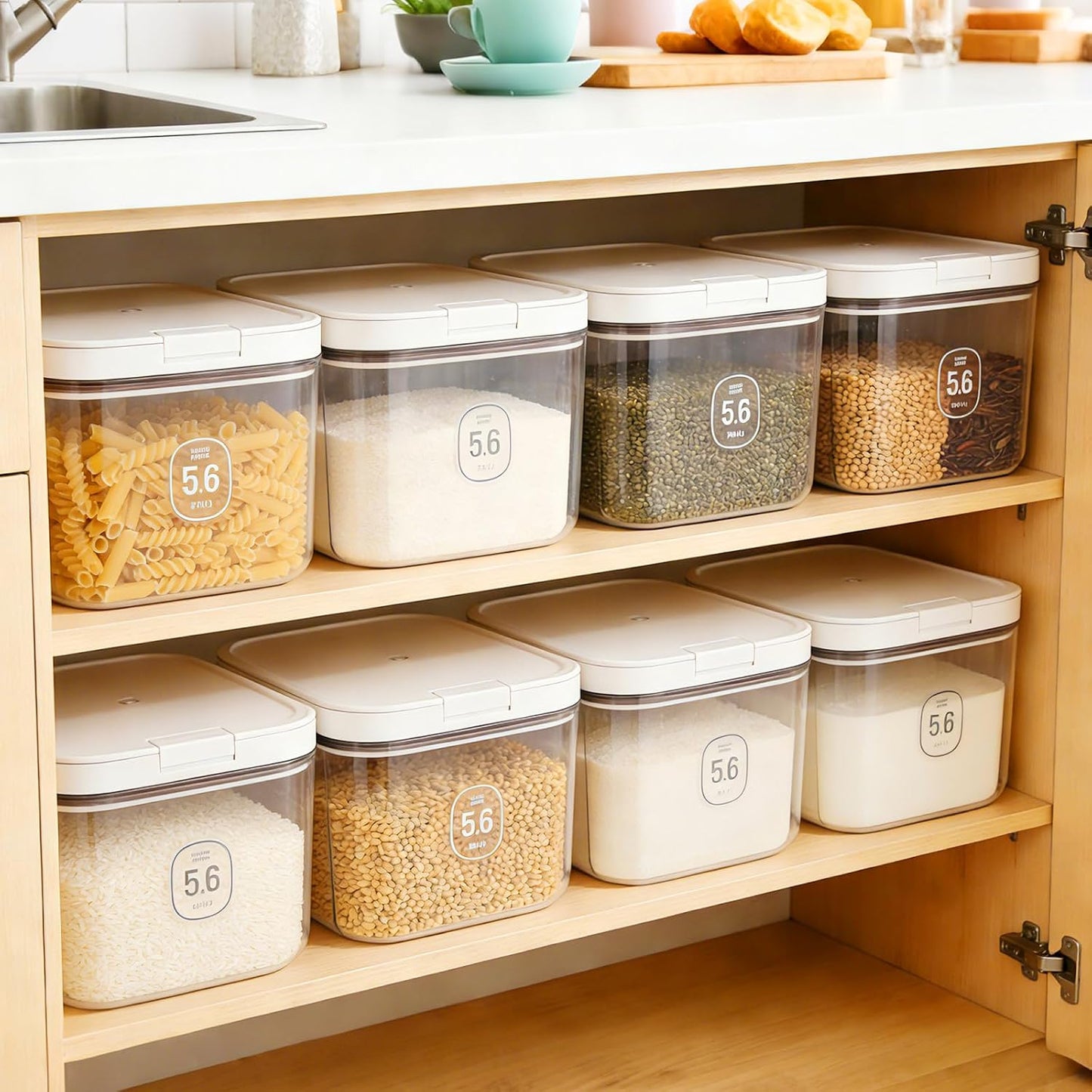 Airtight Rice Container with Measuring Cup, BPA-Free Clear PET Plastic Food Storage Container Pantry Organizers and Storage Sugar Cookies Flour Rice Container (5.6 L / 5.92 QT)