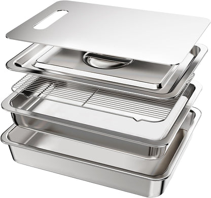 5-Piece Grill Carry System, Large Stainless Steel Grill Prep Trays for BBQ and Oven Use with Oil Drain Rack, Marinade Container with Lid, Nested Storage, Grilling Prep and Serve Trays