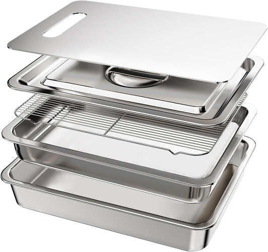 5-Piece Grill Carry System, Large Stainless Steel Grill Prep Trays for BBQ and Oven Use with Oil Drain Rack, Marinade Container with Lid, Nested Storage, Grilling Prep and Serve Trays