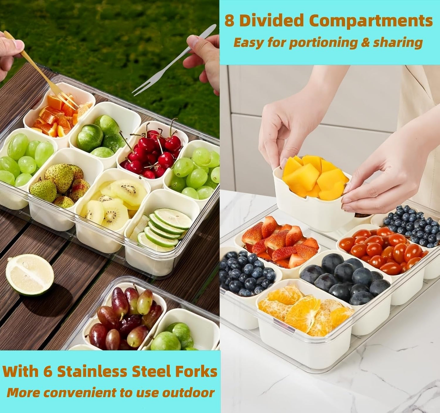 Divided Serving Tray with Lid and Handle, Snackle Box Container Portable Snack Platters with 7 Compartments & Forks, Ice Chilled Organizer for Fruits, Veggies, Salad, Perfect for Entertaining,Picnic