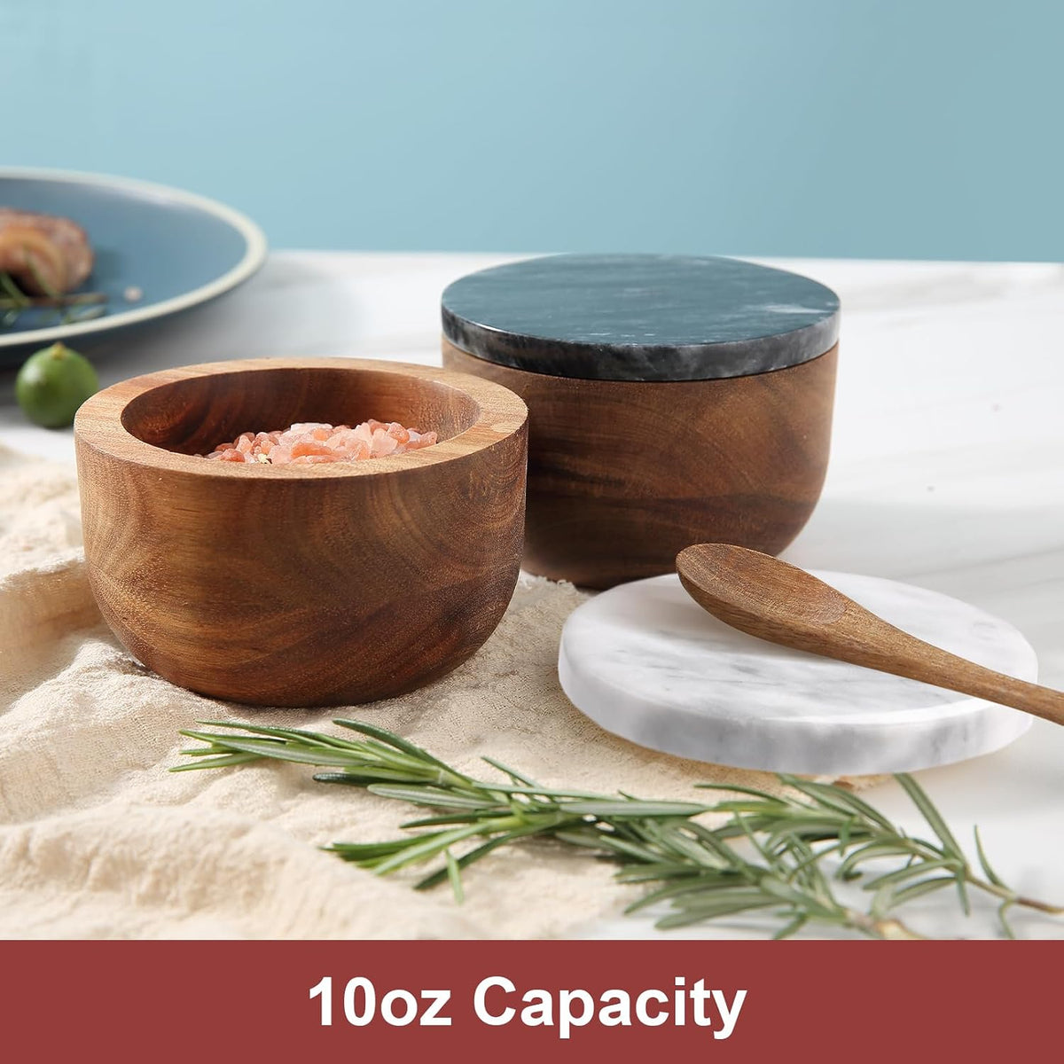 jalz jalz Acacia Wood Salt Cellar with white Marble Lid, 10oz Pinch Pot & Spoon