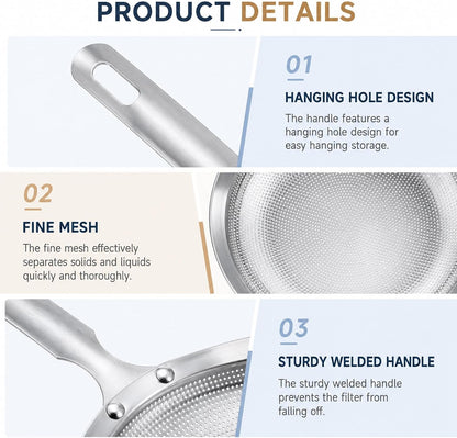 2 Pcs Stainless Steel Kitchen Sieve, Fine Mesh Strainer, Skimmer Strainers