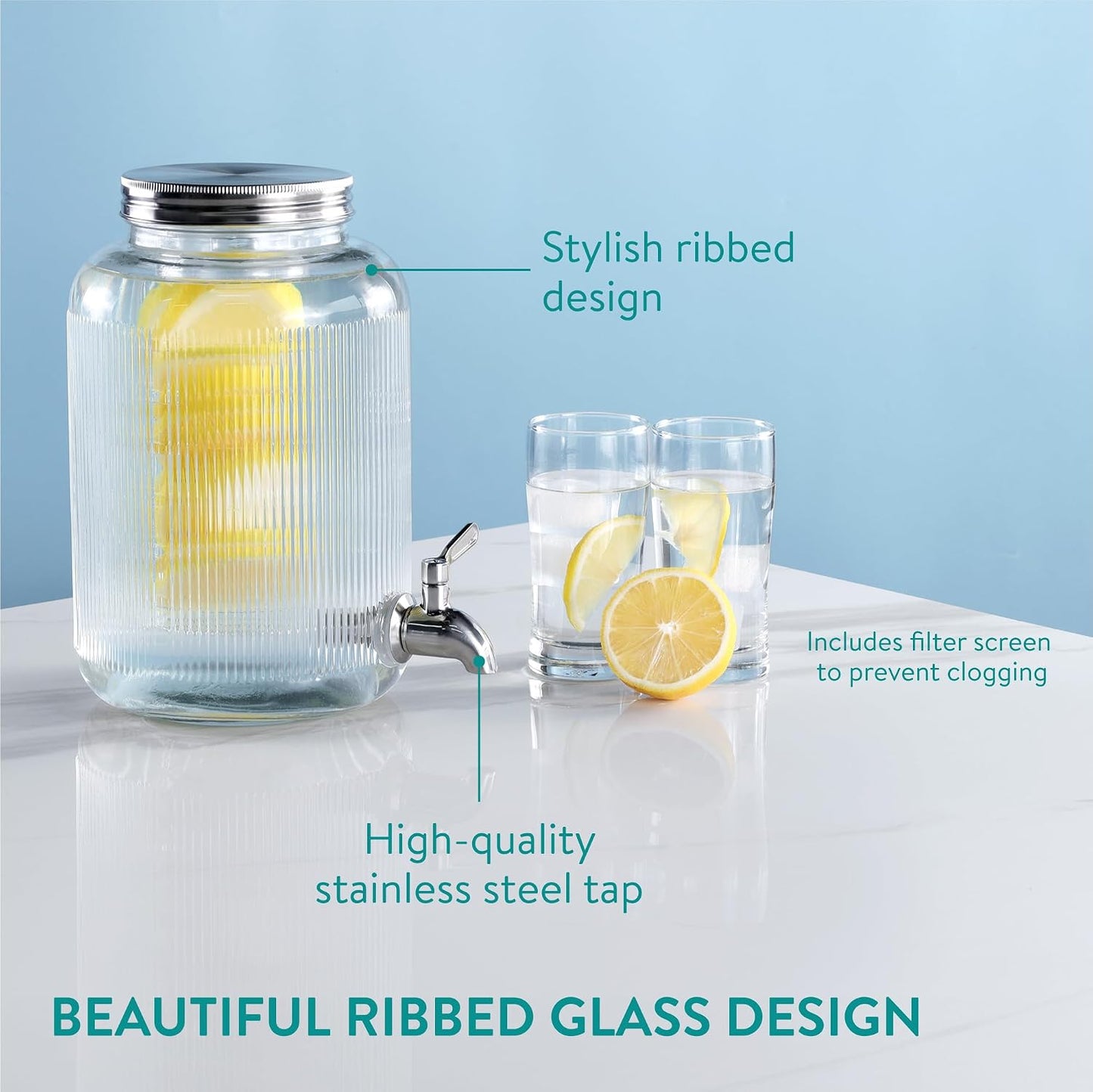 Navaris Glass Drink Dispenser with Tap - 0.7gal (2.7L) Ripple Design Beverage Dispenser - Party Beverage Container for Cocktails, Juice, Water - Ideal for Parties & Events