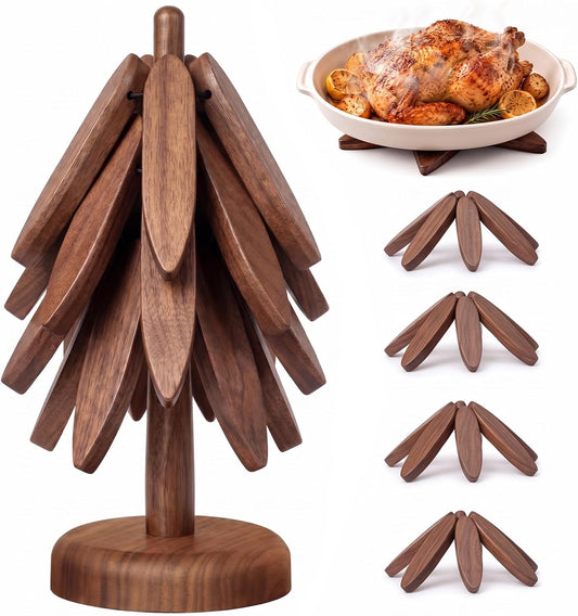 GENUINED 8in Natural Black Walnut Christmas Tree Trivets for Hot Dishes Set
