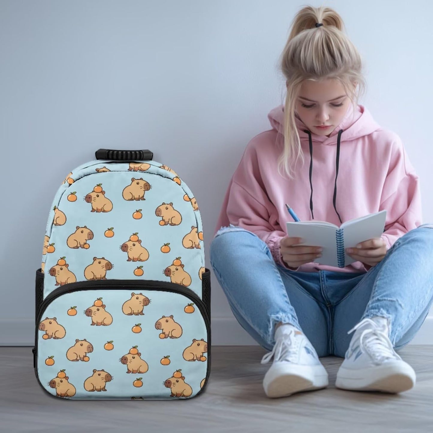Cute Capybara Pizza Backpack for Girls, 5 Pcs Boys School Bag Set for Kids, 17 Inch Backpacks Lunch Pencil Box Reusable Utensils Case Set for Middle Elementary School, 3rd Grade Backpack