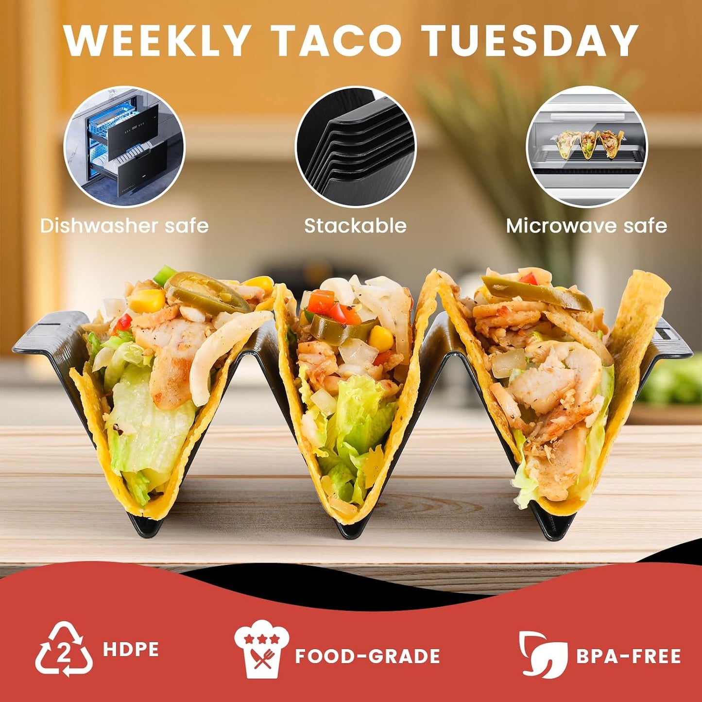 7 Pcs Taco Holder Stands, Black Large Tray Plates Plastics Holder for Baking, Dishwasher and Microwave Safety