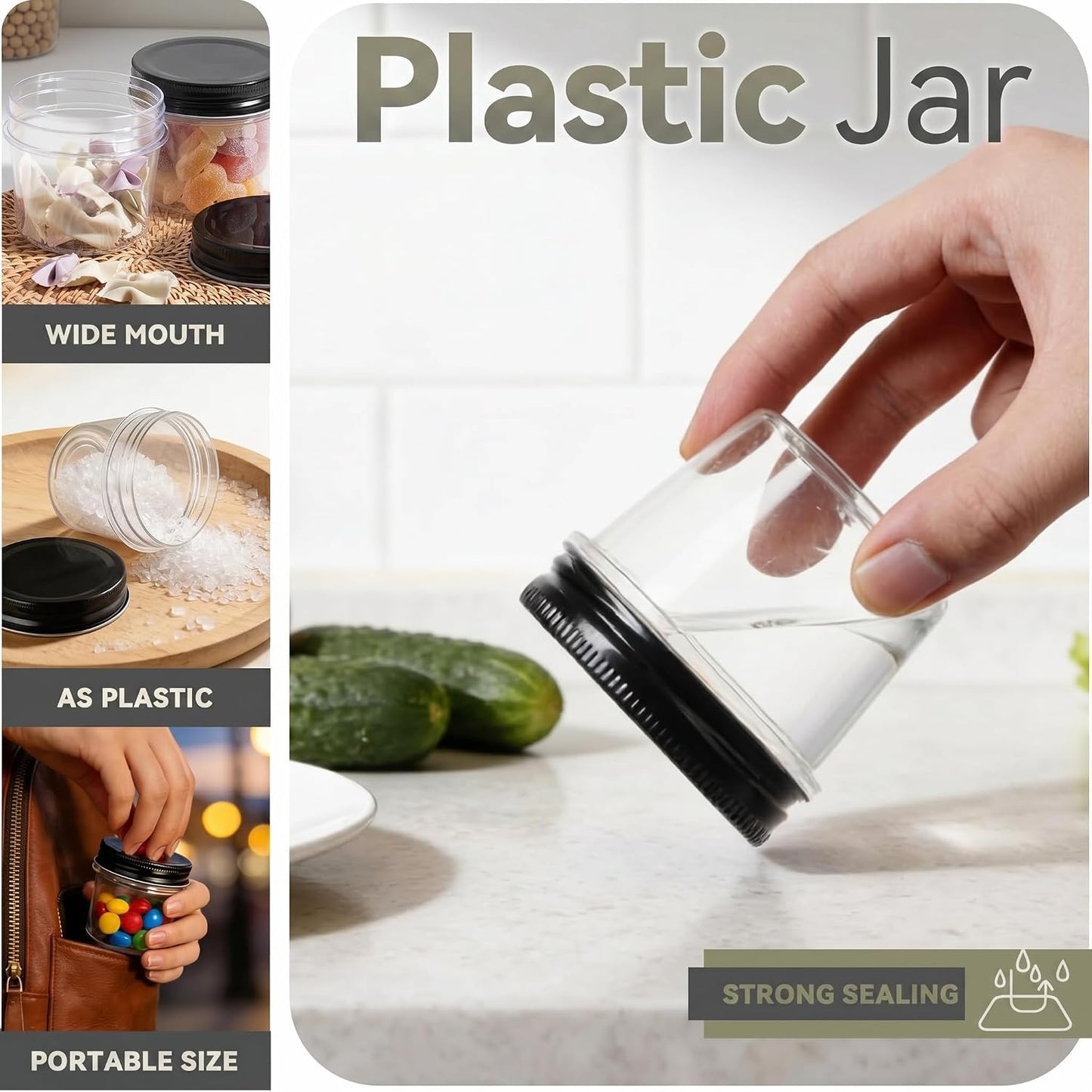 novelinks 4 oz Small Plastic Jars with Lids, 40 Pack Mini Plastic Mason Jars with Lids 4oz, Craft Storage Containers & Canning Jars & Small Spice Jars for Kitchen Organization (40 Pack,Black)