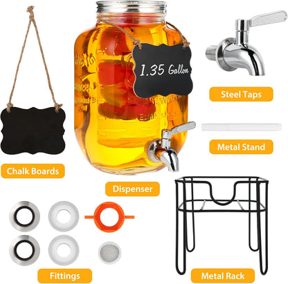 Drink Dispenser 1.35 Gallon Glass Beverage Dispenser with Stand & Stainless Steel Spigot, Drink Dispensers for Parties with Fruit Infuser for Lemonade, Iced Tea, Juice, Laundry Detergent