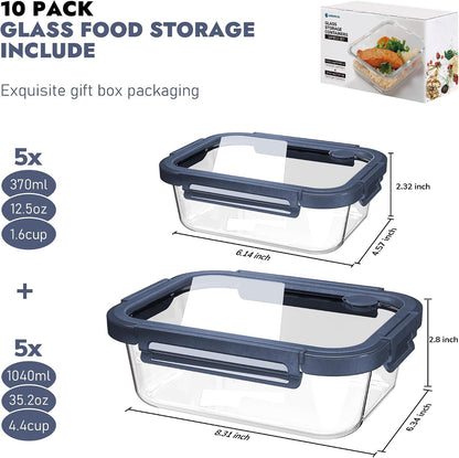 10-Pack Glass Food Storage Containers with Tempered Lids – Borosilicate, Airtight, Oven-Safe (-4°F~950°F), BPA-Free, 4.4 & 1.6 Cup, Leak-Proof, Dishwasher Safe (Blue)