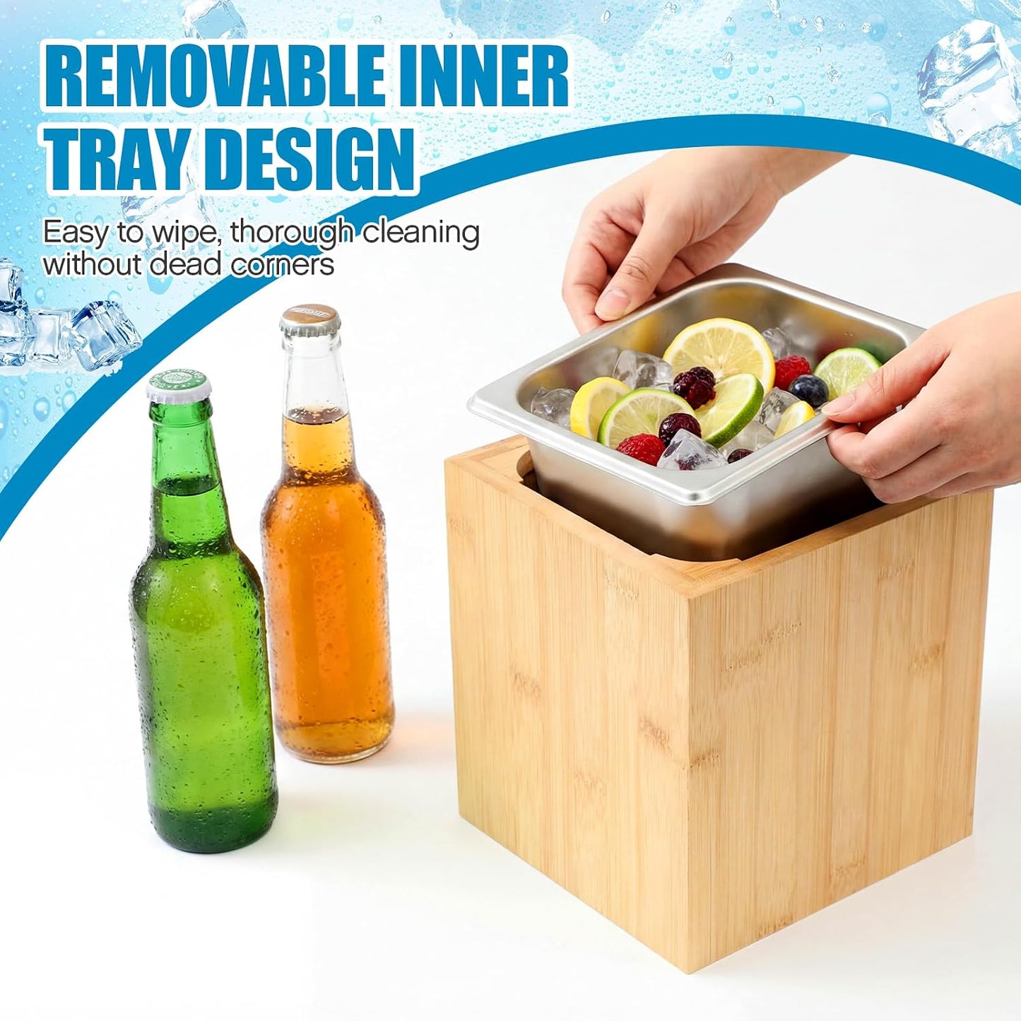 Honeydak Large Ice Housing Bin with Removable Tray Ice Holder Container Wine Beer Champagne Drink Bucket Beverage Tub for Freezer Display Buffet Counter Party Chiller (Bamboo and Steel)