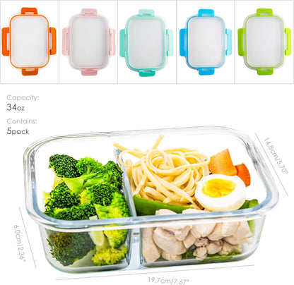 C CREST [5-Pack] Glass Lunch Box, Meal Prep Glass Containers with Lids, Glass Food Storage Containers, 34 OZ