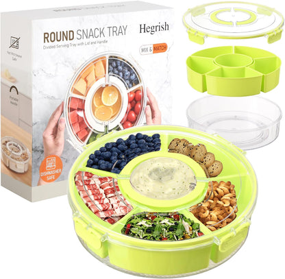 Dishwasher Safety -Divided Rotating Serving Tray with Lid and Handle,Portable Snackle Box for Fruits Snacks Charcuterie,Clear Organizer and Fridge Storage Container,Veggie Platters for Adults Child
