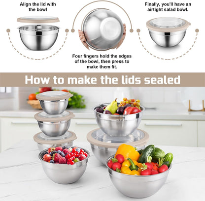 E-far Stainless Steel Mixing Bowls with Airtight Clear Lids Set of 7, Metal Nesting Bowls for Kitchen Prep, Baking, Cooking, Serving, Salad, Dishwasher Safe, Size 4.6, 3.5, 3, 2, 1.5, 1, 0.7QT, Khaki