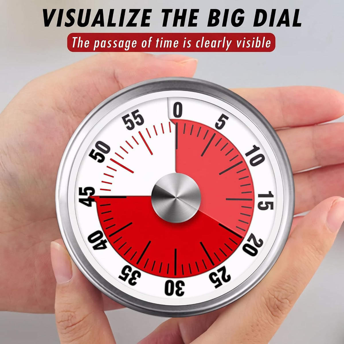 Visual Kitchen Timer for Cooking and Kids with Loud Alarm, No Batteries Required, Classroom Timers for Desk, Mechanical Desk Timer, Magnetic Egg Timer for Study, Chef Clock, Stainless Steel Timer