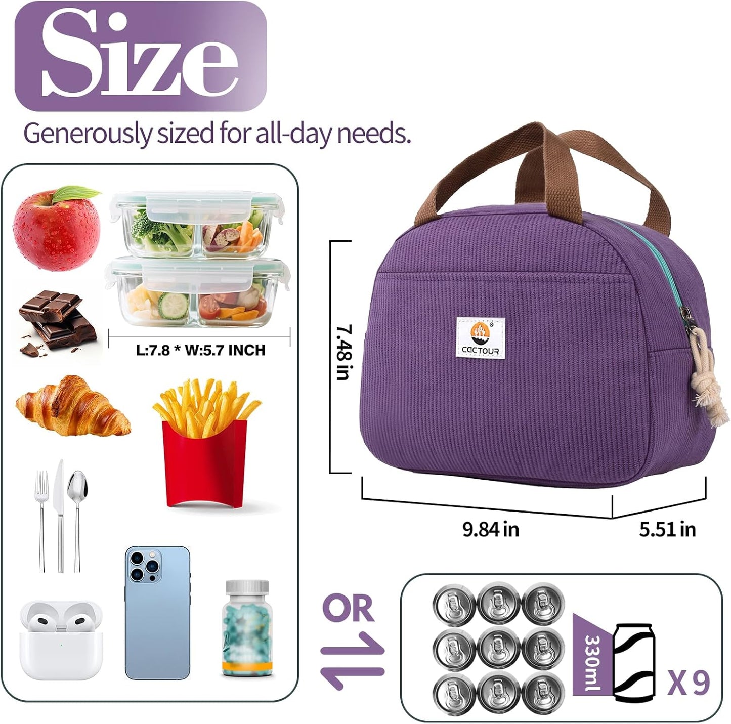 CaCTOUR Lunch Box for Women Girls Teens,Cute Lunch Box Cooler Bag, Portable Insulated Small Lunch Bag Women Reusable Corduroy Lunch Tote for Work/Travel/Picnic/School (Dog Green,Small)