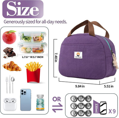 CaCTOUR Lunch Box for Women Girls Teens,Cute Lunch Box Cooler Bag, Portable Insulated Small Lunch Bag Women Reusable Corduroy Lunch Tote for Work/Travel/Picnic/School (Dog Green,Small)