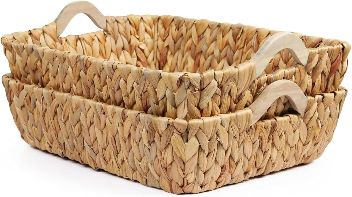 Woven Storage Baskets for Shelves (2-Pack), Handwoven Water Hyacinth Decorative Wicker Baskets with Wooden Handles for Pantry, Bathroom & Closet Organization (14.6" x 9.8" x 4.3")
