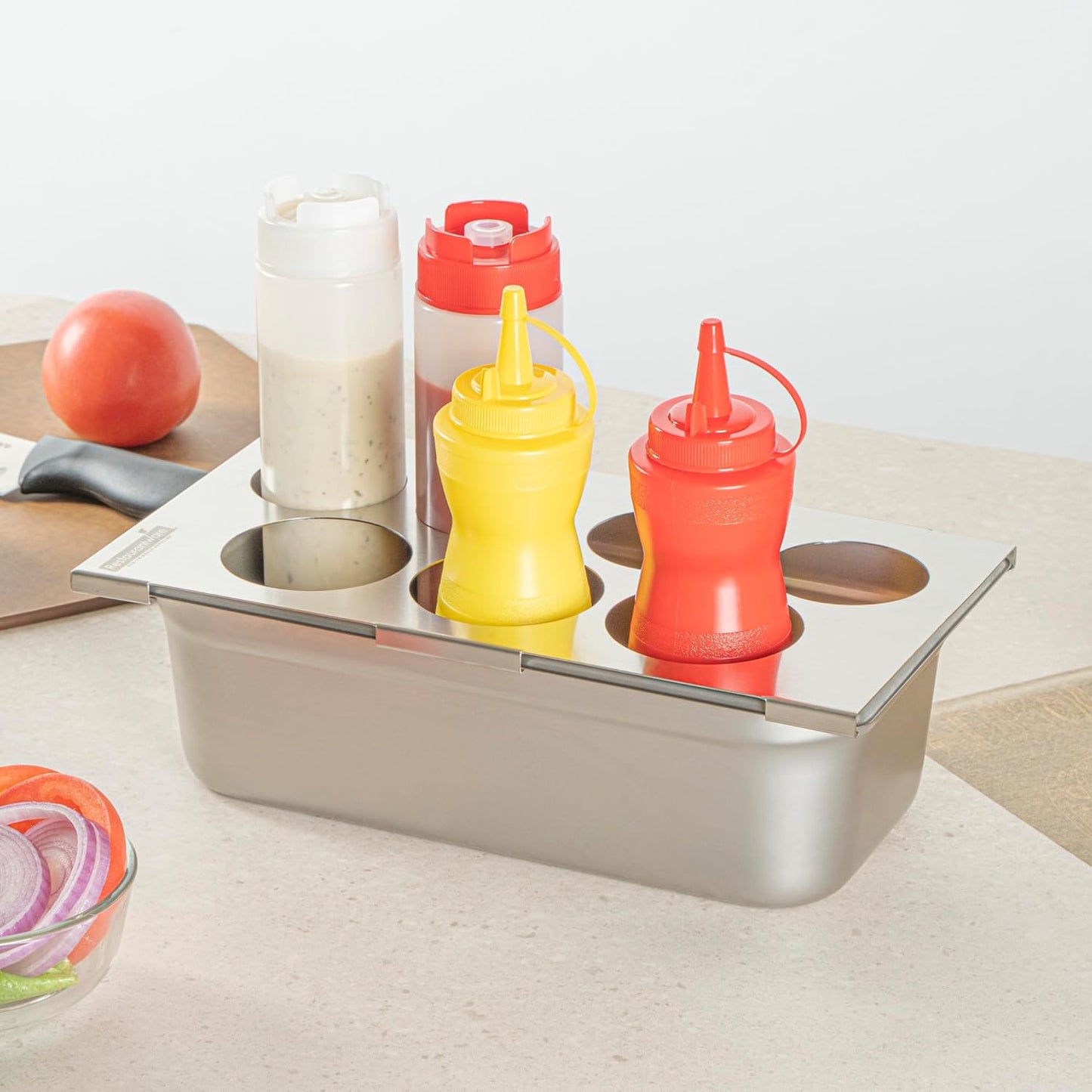Restaurantware Stainless Steel Bottle Organizer - 1 Count - 6.299 x 7.087 x 0.394 Inches - Dishwasher-Friendly Condiment Holder - Kitchen Bottle Rack - Space-Saving Design - Silver
