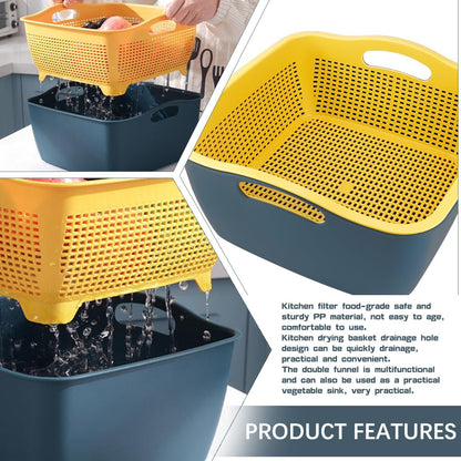 Double-layer Draining Basket Plastic Fruits & Vegetable Washing Basket for Kitchen (Blue)