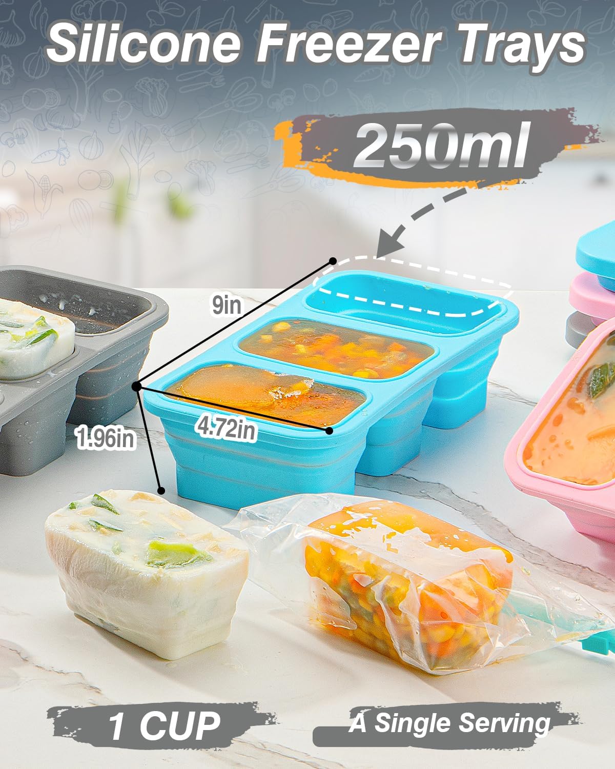 Silicone Freezer Trays With Lid, Stackable 1 Cup Silicone Freezer Molds, Easy To Use Soup Ice Cube Tray, Collapsible Freezing Molds for Meal Prep, Broth, Sauce, Leftovers, Soup Storage Gift Set