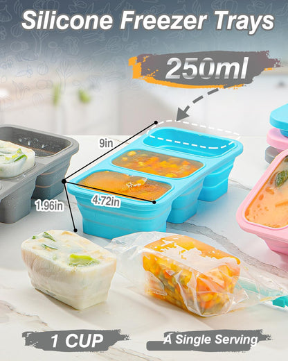 Silicone Freezer Trays With Lid, Stackable 1 Cup Silicone Freezer Molds, Easy To Use Soup Ice Cube Tray, Collapsible Freezing Molds for Meal Prep, Broth, Sauce, Leftovers, Soup Storage Gift Set