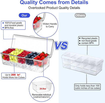 Large Ice Chilled Condiment Caddy，Chilled Condiment Containers Server with Lids for 5 Removable Compartments ，Serving Platters , Fruit & Garnish Tray for Party Supplies & Bar Accessories-Transparent