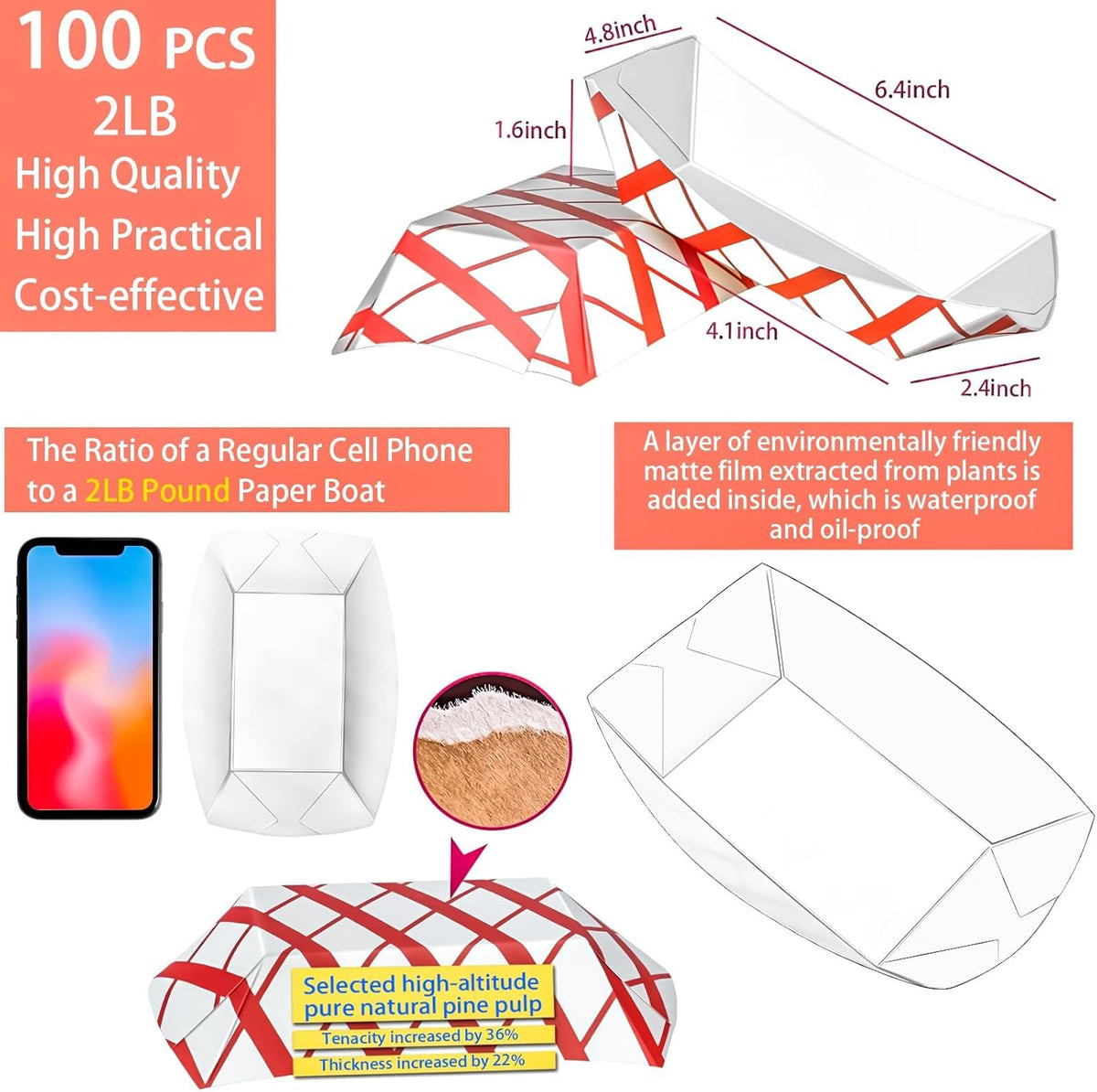 100 Pack 2lb Paper Food Trays, Heavy-Duty Paper Food Boat Disposable Serving Basket Tray for French Fries Nachos Snack Hot Dog Taco BBQ Popcorn Party Picnic Wedding Party (Brown)