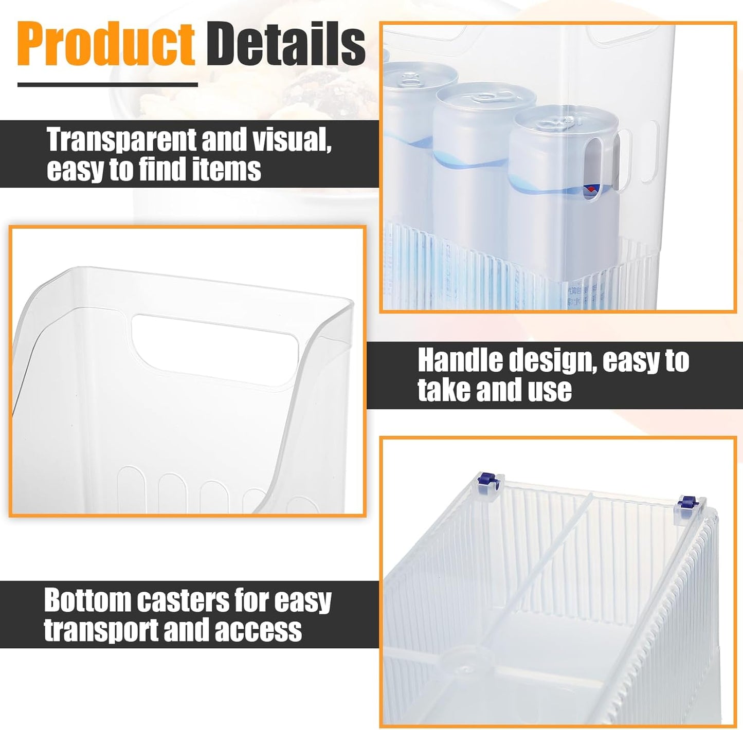 Qunclay 6 Plastic Freezer Organizer Bins with Wheel Set Clear Tall Narrow Kitchen Pantry Organizer Snack Storage Containers for Office Refrigerator(3 Sizes)