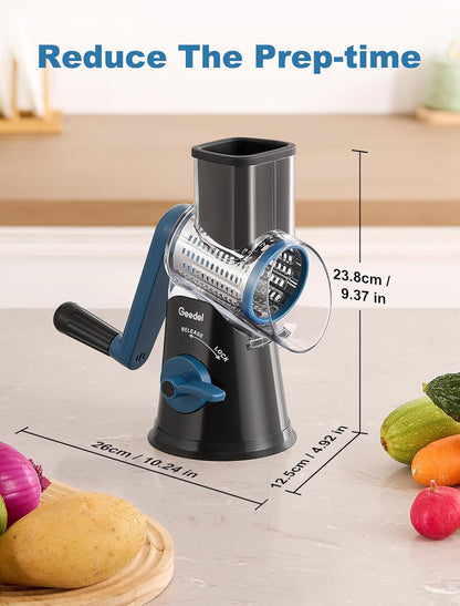 Geedel Rotary Cheese Grater, Kitchen Mandoline Vegetable Slicer with 3 Interchangeable Blades, Easy to Clean Rotary Grater Slicer for Cheese, Vegetables, Nuts