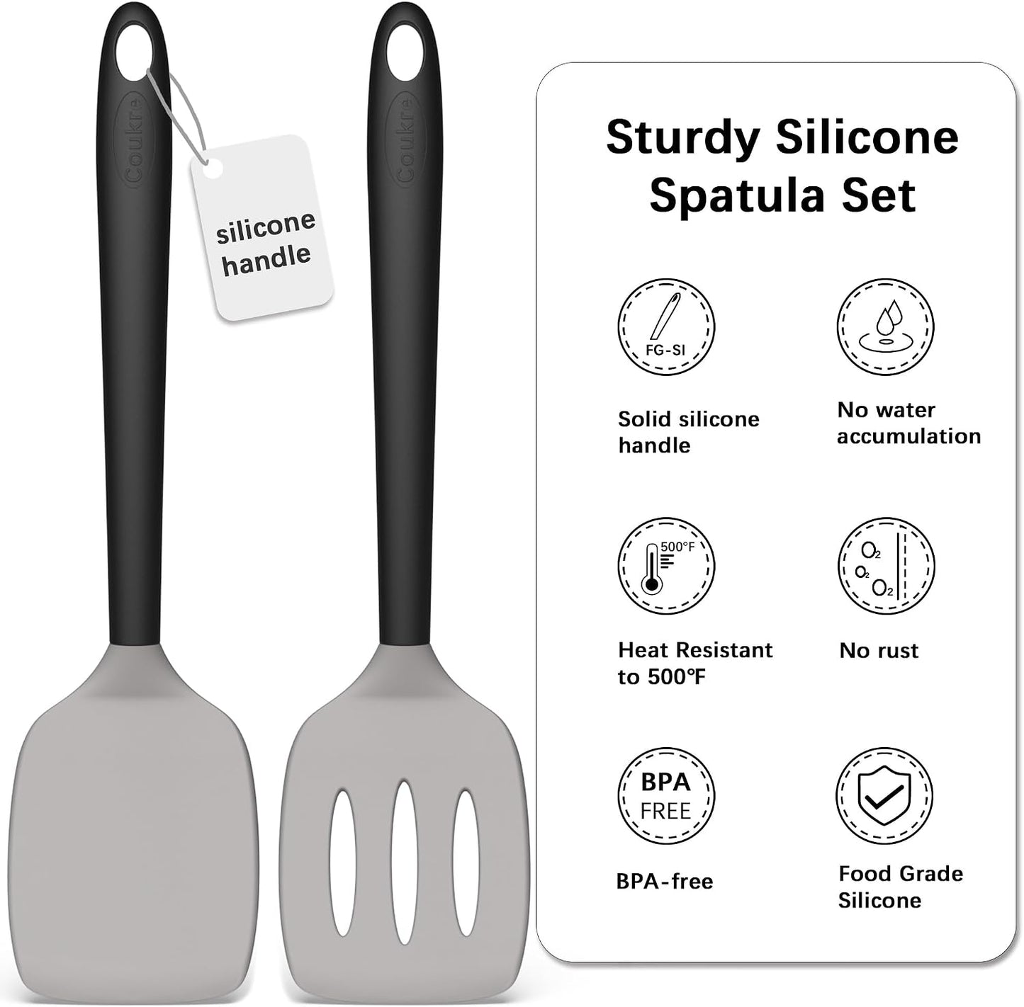 Coukre 2 Pack Silicone Spatula Set, High Heat Resistant, BPA Free Kitchen Spatula, Solid & Slotted Turner for Non-Stick Pans, Sautéing, and Flipping (2, PureBlack)