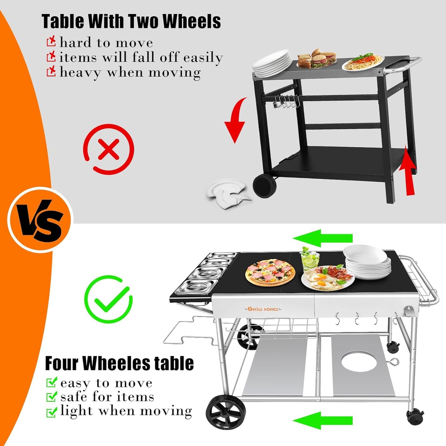 Outdoor Pizza Oven Table for Ninja Woodfire, Blackstone Tabletop Grill, Portable Grill Cart & Food Prep Work Table, Movable Pizza Oven Cart for Backyard BBQ and Patio Parties