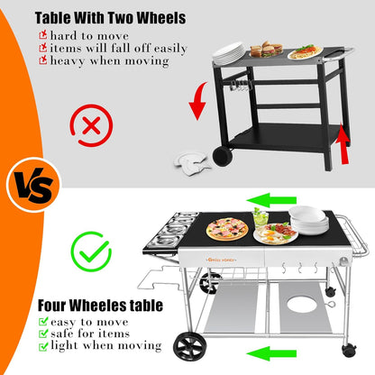 Outdoor Pizza Oven Table for Ninja Woodfire, Blackstone Tabletop Grill, Portable Grill Cart & Food Prep Work Table, Movable Pizza Oven Cart for Backyard BBQ and Patio Parties