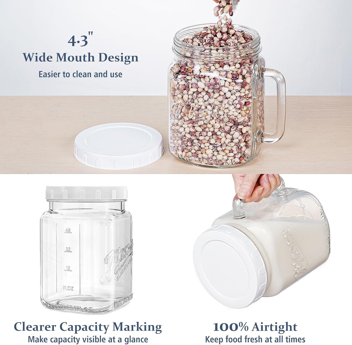 Folinstall 74 oz/2160 ml Glass Jar with Lid, Wide Mouth Airtight Glass Storage Jar, Quart Pantry Organization Mason Jar For Fridge, Food Storage Container For Sugar, Flour, Pickle, Coffee, Candy