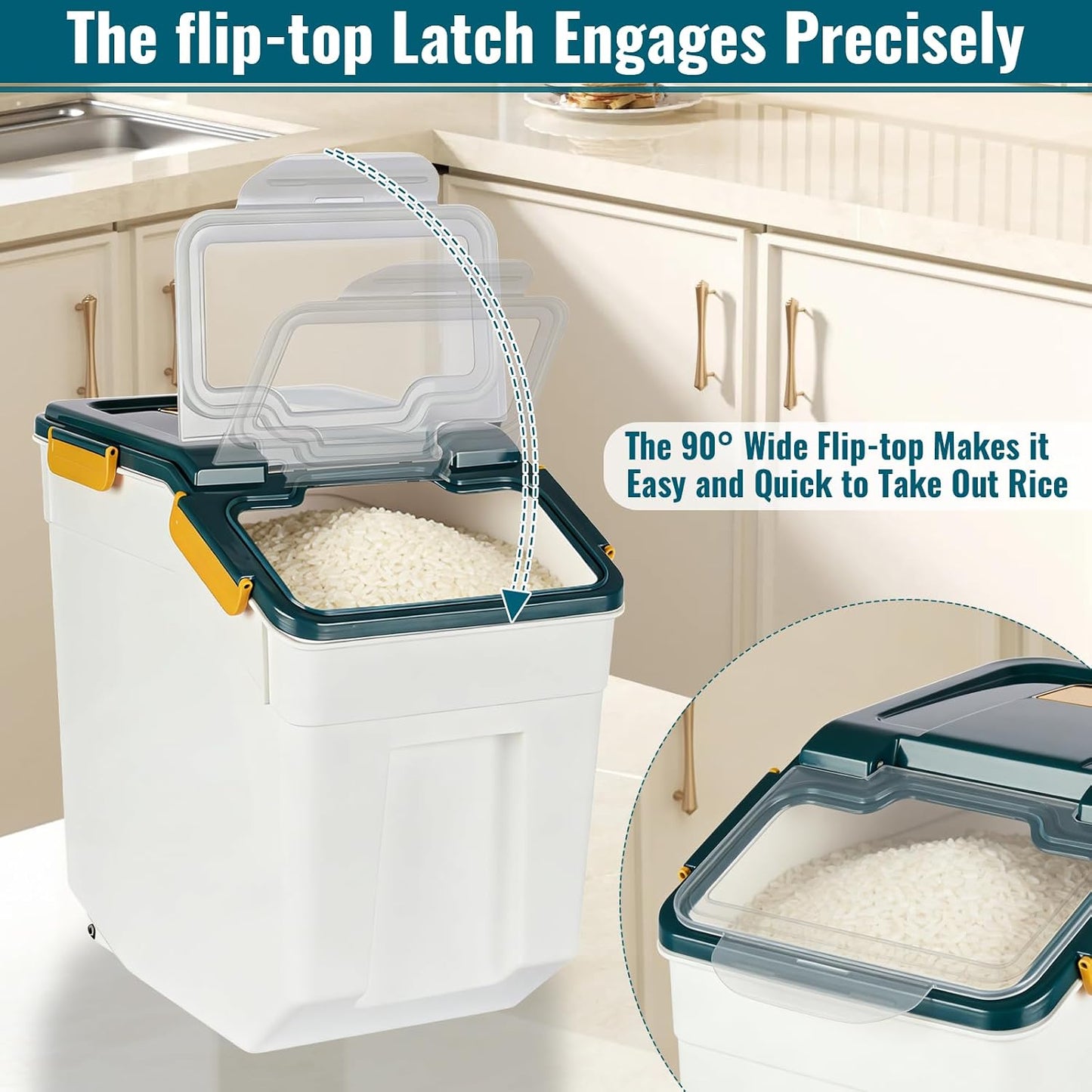 4 Pack Rice Container 25 lbs Large Bulk Flour Sugar Storage Holdhouse Plastic Grain Cereal Dry Goods Bin with Spoon and Measuring Cup for Kitchen Pantry Organization - Green
