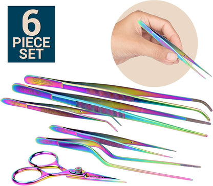 O'Creme Set of Culinary Tweezer Tongs Offset, Straight and Curved, Plus Super Sharp Chef Scissors, Total 6 Pieces (Rose Gold)