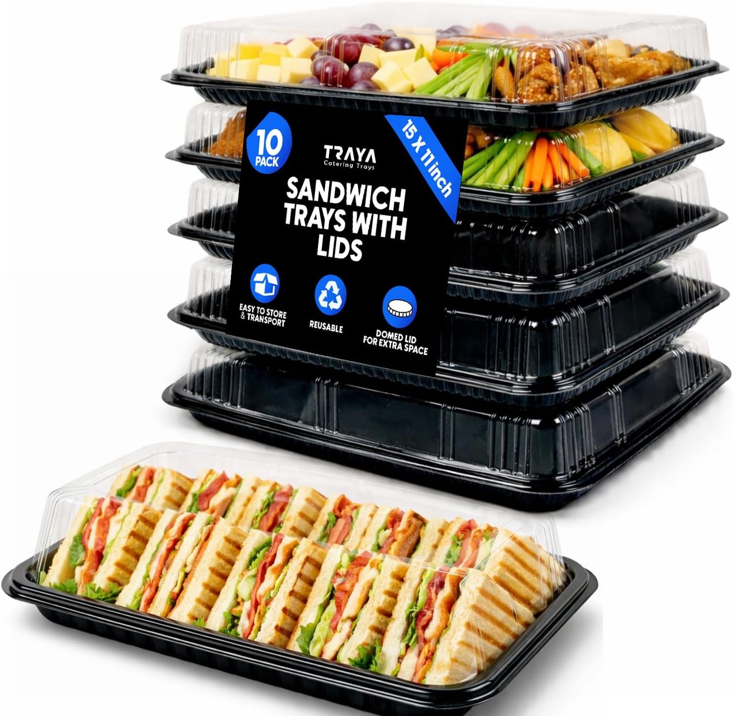 TRAYA Pack of 10 Serving Tray with lid - Reusable Catering Trays with Lids 13inch Long for Meal Prep, Cakes, Treats and Sandwiches (15.35 × 11.42 × 2.95inch)