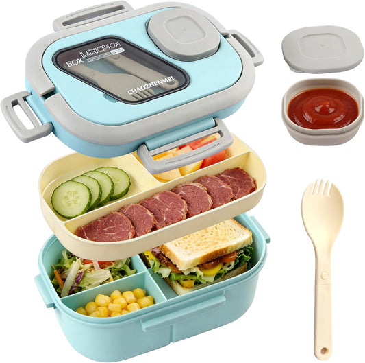 Adults Bento Lunch Box,Salad Container Large 43oz Salad Bowl, Bento-Style Tray for Toppings, 3oz Sauce Container for Dressings, and Built-In Reusable Fork (Green)