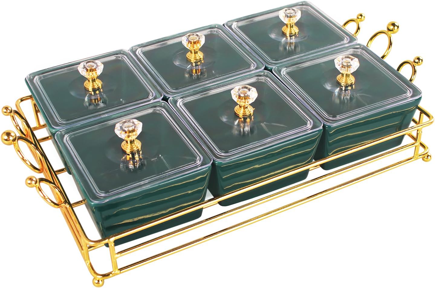 YA JU Ceramic Bowls and with Lid Gold Basket Trays, 6 Removable Small Bowls Condiment Trays Nut Serving Set for Snacks, Fruits, Candy and Condiments -Great for Parties, Holiday Gifts, White