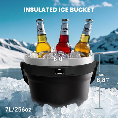 COKTIK 7L Vacuum Insulated Ice Bucket with Lid and Scoop& Tongs，Large capacity Stainless Steel Beverage Bucket for Cocktail, Champagne, Wine, Beer，Large Parties（Milk White Suit）