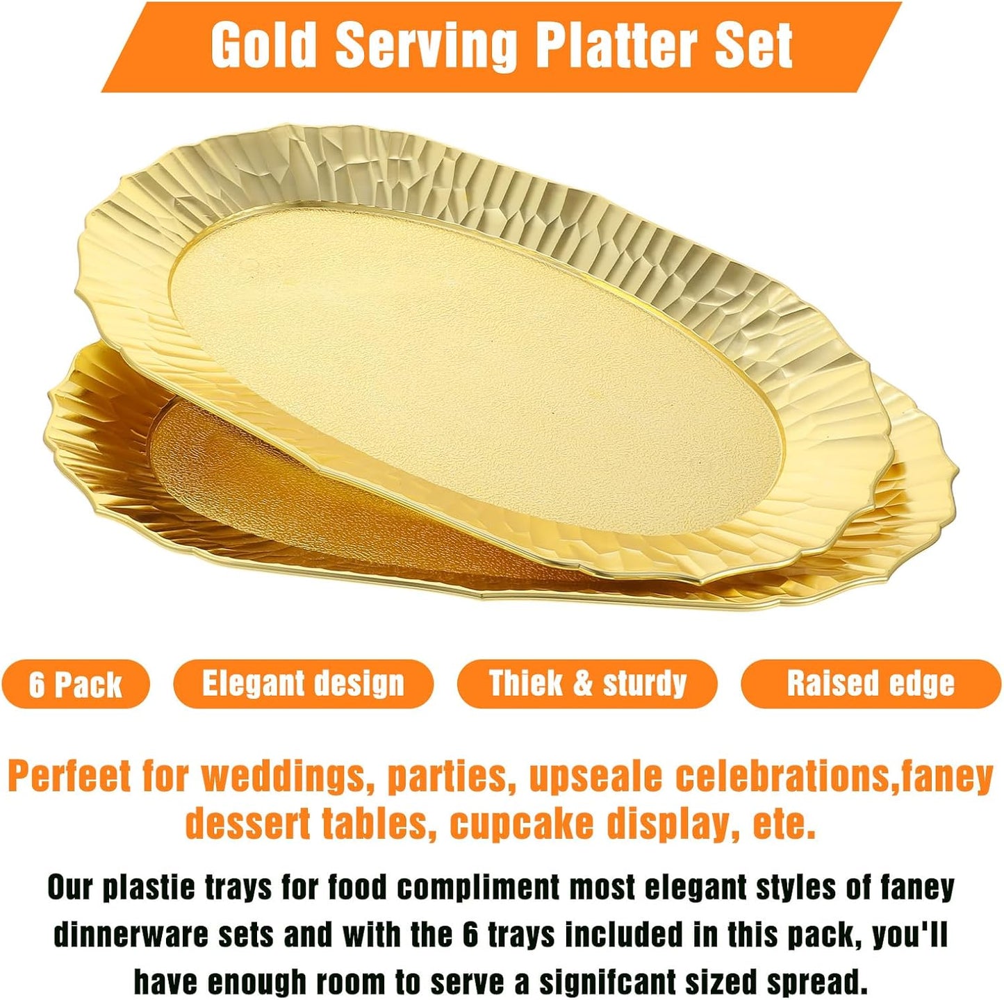 6 Pack Plastic Serving Tray Set, Gold Rectangular Serving Platters 14"x8.5", Reusable Food Display Trays, Decorative Appetizer Platters for Party Dessert Table Cupcake Charcuterie Cookies