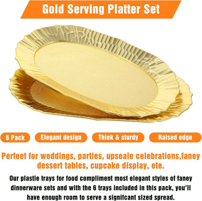 6 Pack Plastic Serving Tray Set, Gold Rectangular Serving Platters 14"x8.5", Reusable Food Display Trays, Decorative Appetizer Platters for Party Dessert Table Cupcake Charcuterie Cookies