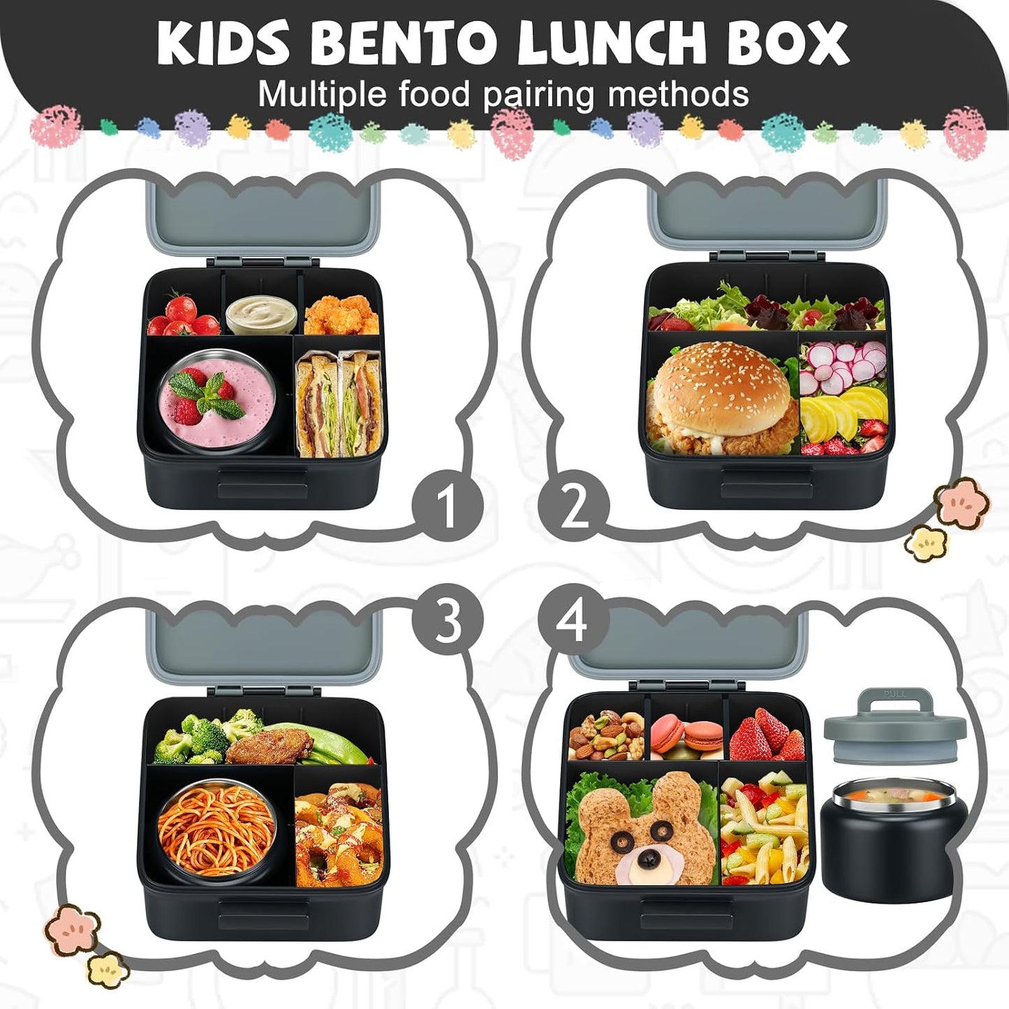 MAISON HUIS Bento Lunch Box with 8oz Soup Thermo and Insulated Lunch Bag, Kids Leakproof Lunch Food Containers with 5 Compartment, Boys Girls Thermo Hot Food Jar for Travel, School, BPA Free (Black)