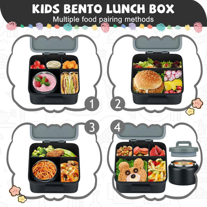 MAISON HUIS Bento Lunch Box with 8oz Soup Thermo and Insulated Lunch Bag, Kids Leakproof Lunch Food Containers with 5 Compartment, Boys Girls Thermo Hot Food Jar for Travel, School, BPA Free (Black)